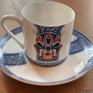 Blue and White Porcelain Cup and Saucer with Mask Design set of 2